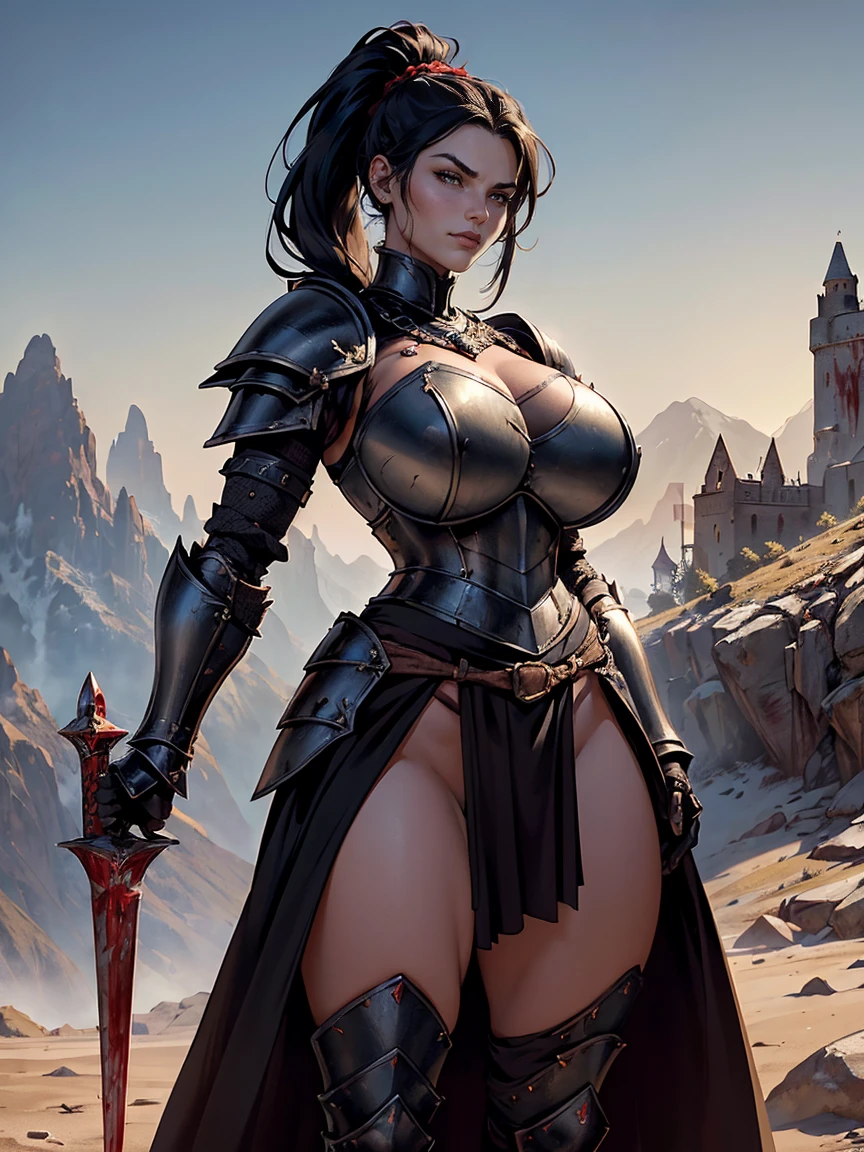 (masterpiece, top quality, best quality, official art, beautiful and aesthetic:1.2), (1girl:1.3), ((Sharp facial features, sharp features, hawkish features)), ((big hair, long black hair, ponytail)), big tiddy chaos warrior girl, extremely detailed, portrait, looking at viewer, solo, (full body:0.6), detailed background, full-body shot, (hot desert mountain theme:1.1), chaos warrior, (spiky helmet), charlatan, smirk, mysterious, swaying in mountains, armor, red metal, brass trim, long boots, dual axes, blood red fabric, pelvic curtain, loincloth, black leather, ((((armor, heavy armor, blood, armored, gigantic breasts, long legs, pelvic curtain, toned, muscular)))), cute belly button, toned tummy, slim waist, slim hips, long legs, medieval (mountain exterior:1.1) background, dark mysterious lighting, shadows, magical atmosphere, dutch angle