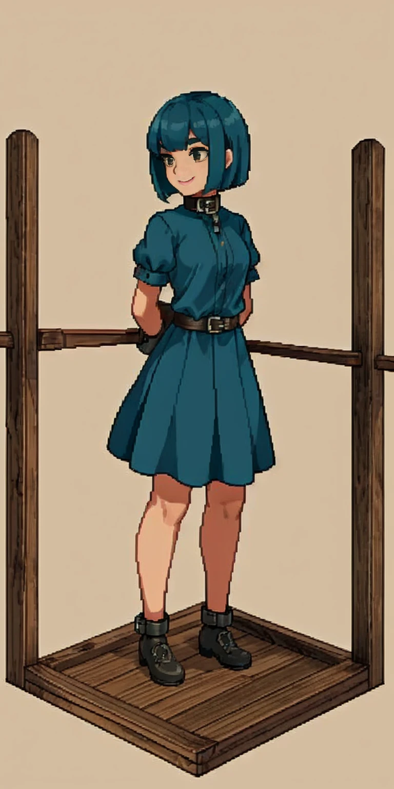 (Masterpiece, best quality, intricate details, 1sologirl) iron collar, arms behind back, iron cuffs, shackles, bound ((standing by wooden pole:1.2)) looking from above happy closed mouth, green short bob haircut