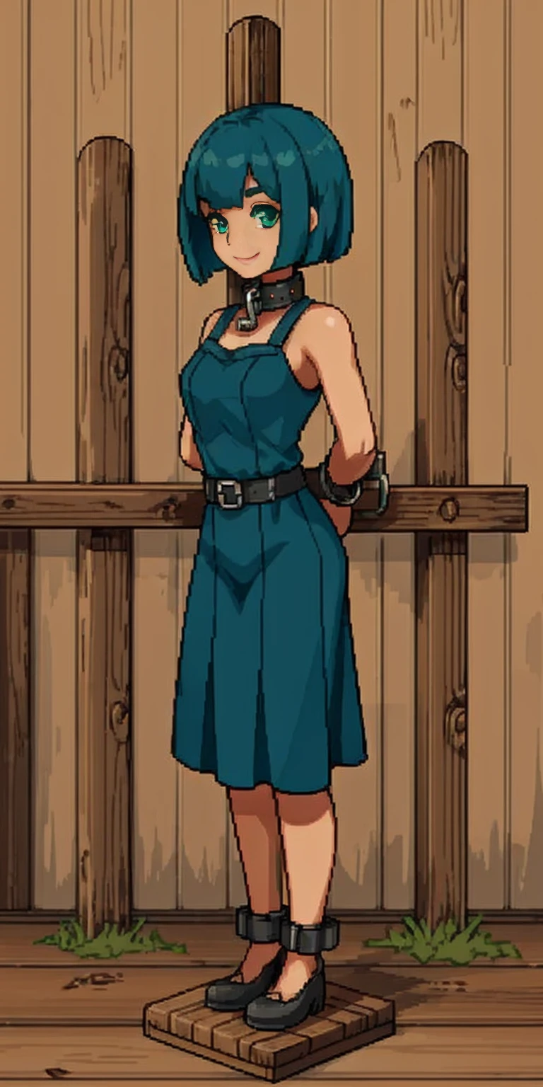 (Masterpiece, best quality, intricate details, 1sologirl) iron collar, arms behind back, iron cuffs, shackles, bound ((standing by wooden pole:1.2)) looking from above happy closed mouth, green short bob haircut