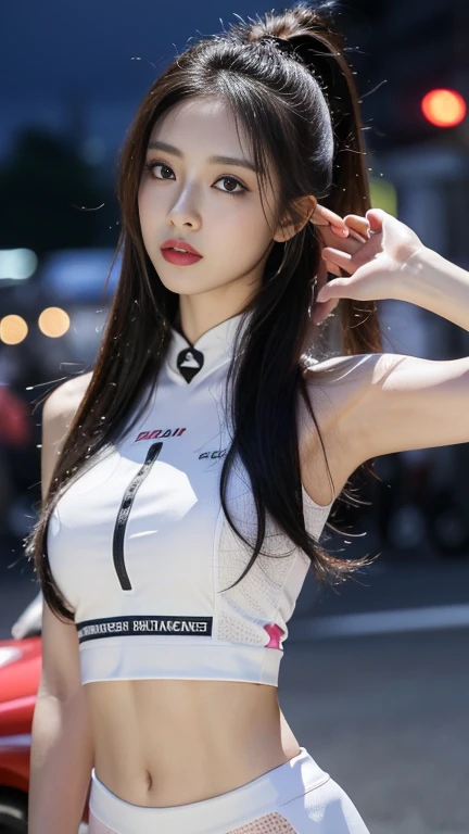 1 sister,Wearing a tight pink and white racing suit,big腿向你走来,Hold the handlebars of your motorcycle,(Riding a motorcycle:1.2),Umbilical cord,Just looking at the audience,midnight street,light,National Foundation,((best quality,8K,masterpiece:1.3))),Be focused:1.2,(Layered pruning,big:1.2),Beautiful woman with perfect body:1.4,Slim abdominal muscles:1.2,Wet body:1.5,Highly detailed face and skin textures,Delicate eyes,Double eyelids,Long gray hair