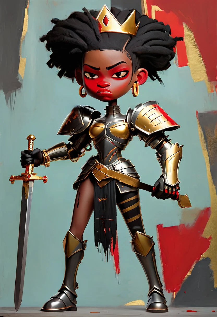 basquiat style, full body a woman in armor holding a sword，black Golden Armor red details，Beautiful female knight，Light gold，Gold Obsidian Armor，golden goddess athena，Smooth golden armor，(Knee Shot)，Sexy，Slim body，Very small waist，(erect nipples see trough armor ), textured skin,