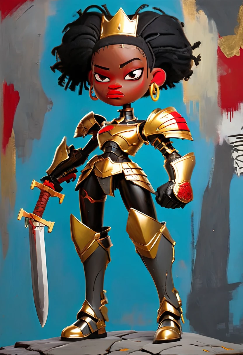 basquiat style, full body a woman in armor holding a sword，black Golden Armor red details，Beautiful female knight，Light gold，Gold Obsidian Armor，golden goddess athena，Smooth golden armor，(Knee Shot)，Sexy，Slim body，Very small waist，(erect nipples see trough armor ), textured skin,