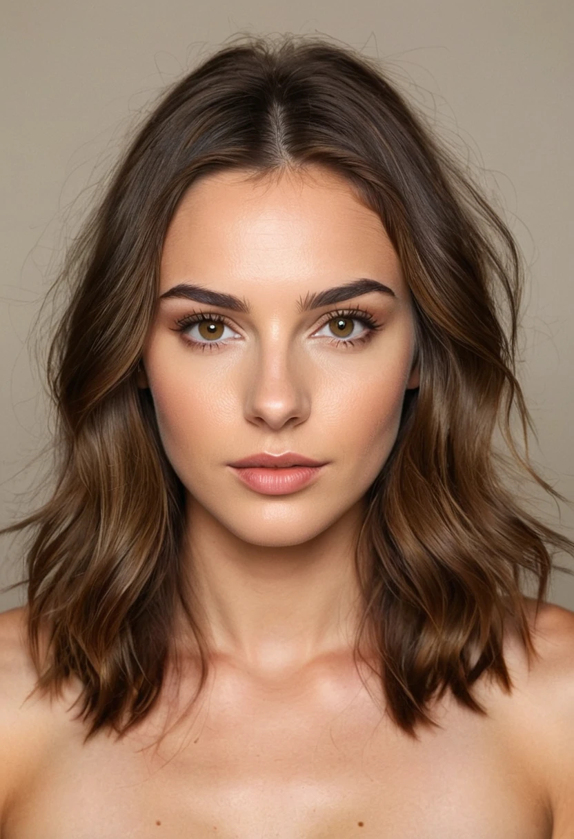 beautiful brunette, shoulder length wavy brown hair, ((natural eyebrows with some flyaways)), from front view (((in a painting studio with natural light))). highy detailed, 20 year, ((eyes browns)). (((Nose with straight back, slightly rounded tip, harmonious proportion with the face, symmetrical and refined nostrils))). ((Medium, well-defined lips, soft cupid&#39;s bow, natural redness around the edges, smooth texture with visible hydration)). high resolution, work of art. Pele realista Fitzpatrick IV, texture of "Orange peel" subtle on the cheeks, discrete nevus of Ota. ((Wearing an oversized white shirt)). excellent quality, extremely detaild, sharp focus, 4K, ((shooting Canon R5, 50mm f/1.2L)), Kodak Vision3 color vision. natural body, photoshot_(ultra), photoshotrrealismo, 8k hd, photoshotgrafia (film grain) medium shot for filming (((Diffuse lighting with soft side key light))) Em primeiro plano

 