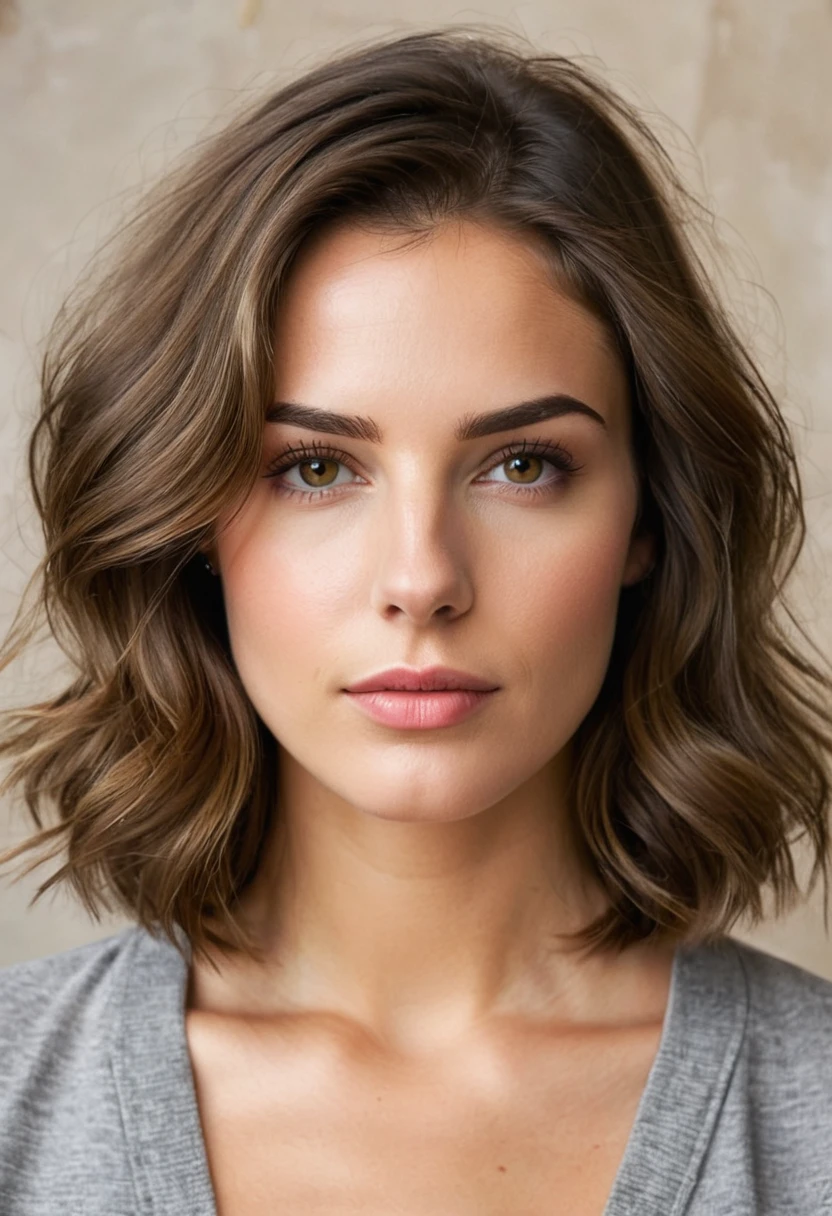 beautiful brunette, shoulder length wavy brown hair, ((natural eyebrows with some flyaways)), from front view (((in a painting studio with natural light))). highy detailed, 20 year, ((eyes browns)). (((Nose with straight back, slightly rounded tip, harmonious proportion with the face, symmetrical and refined nostrils))). ((Medium, well-defined lips, soft cupid&#39;s bow, natural redness around the edges, smooth texture with visible hydration)). high resolution, work of art. Pele realista Fitzpatrick IV, texture of "Orange peel" subtle on the cheeks, discrete nevus of Ota. ((Wearing an oversized white shirt)). excellent quality, extremely detaild, sharp focus, 4K, ((shooting Canon R5, 50mm f/1.2L)), Kodak Vision3 color vision. natural body, photoshot_(ultra), photoshotrrealismo, 8k hd, photoshotgrafia (film grain) medium shot for filming (((Diffuse lighting with soft side key light))) Em primeiro plano

 