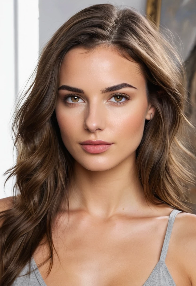 beautiful brunette, shoulder length wavy brown hair, ((natural eyebrows with some flyaways)), from front view (((in a painting studio with natural light))). highy detailed, 20 year, ((eyes browns)). (((Nose with straight back, slightly rounded tip, harmonious proportion with the face, symmetrical and refined nostrils))). ((Medium, well-defined lips, soft cupid's bow, natural redness around the edges, smooth texture with visible hydration)). high resolution, work of art. Pele realista Fitzpatrick IV, texture of "Orange peel" subtle on the cheeks, discrete nevus of Ota. ((Wearing an oversized white shirt)). excellent quality, extremely detaild, sharp focus, 4K, ((shooting Canon R5, 50mm f/1.2L)), Kodak Vision3 color vision. natural body, photoshot_(ultra), photoshotrrealismo, 8k hd, photoshotgrafia (film grain) medium shot for filming (((Diffuse lighting with soft side key light))) Em primeiro plano