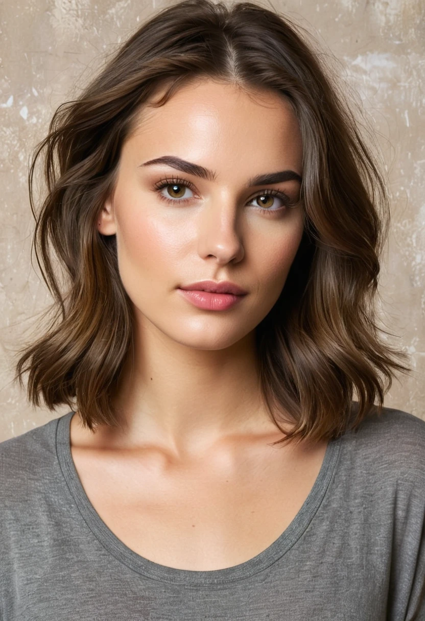 beautiful brunette, shoulder length wavy brown hair, ((natural eyebrows with some flyaways)), from front view (((in a painting studio with natural light))). highy detailed, 20 year, ((eyes browns)). (((Nose with straight back, slightly rounded tip, harmonious proportion with the face, symmetrical and refined nostrils))). ((Medium, well-defined lips, soft cupid's bow, natural redness around the edges, smooth texture with visible hydration)). high resolution, work of art. Pele realista Fitzpatrick IV, texture of "Orange peel" subtle on the cheeks, discrete nevus of Ota. ((Wearing an oversized white shirt)). excellent quality, extremely detaild, sharp focus, 4K, ((shooting Canon R5, 50mm f/1.2L)), Kodak Vision3 color vision. natural body, photoshot_(ultra), photoshotrrealismo, 8k hd, photoshotgrafia (film grain) medium shot for filming (((Diffuse lighting with soft side key light))) Em primeiro plano