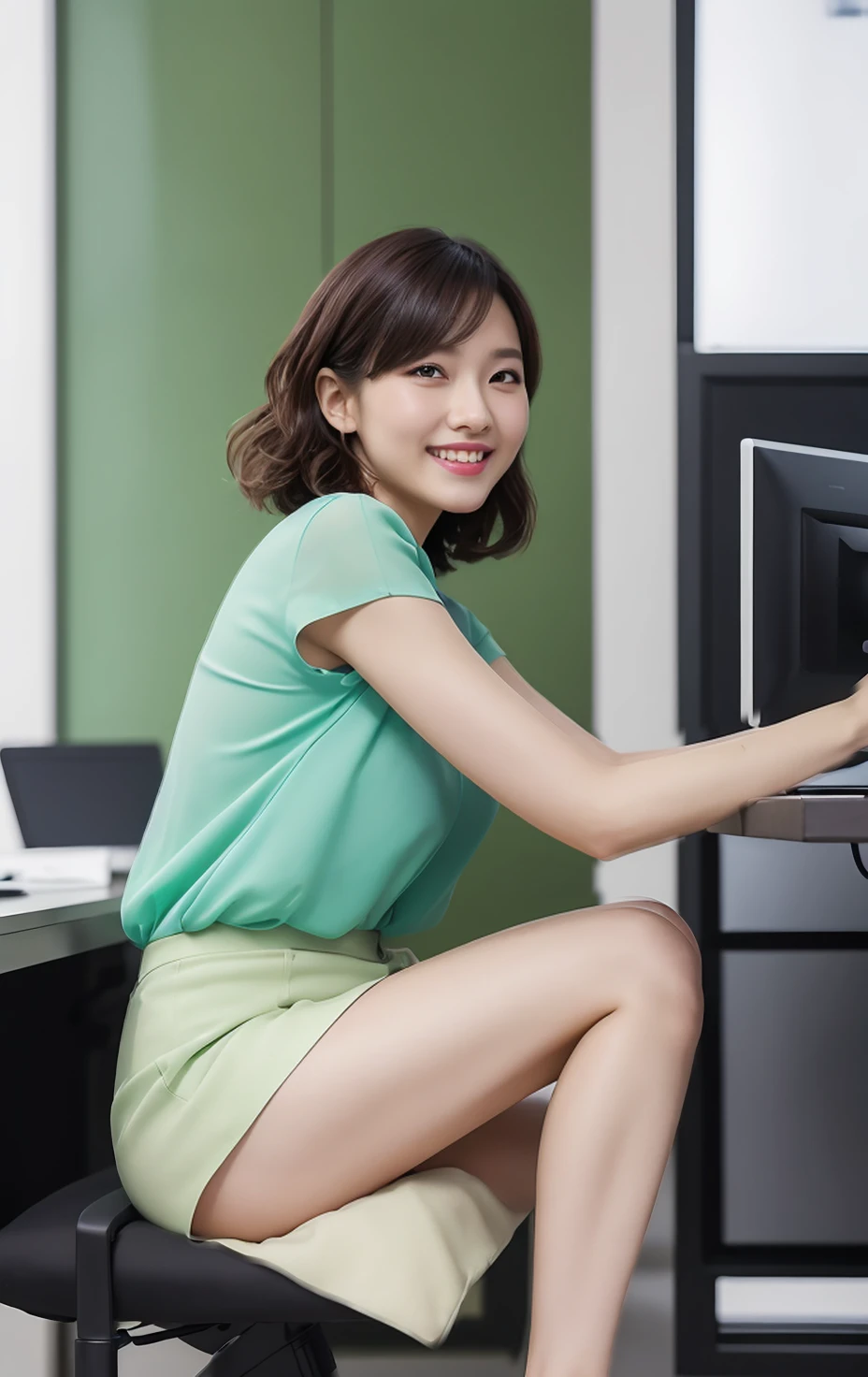 class elite caucasian secretary in diminute green miniskirt, big breast, up Working in the office、Wearing white office slide open blouse, naked legs、Wear open high heels , short curly bob hair, medium, naked leg's, sitting in a counterr. Raw photo, (8K、top-quality、masterpiece:1.4)、(intricate detailes:1.4)、(Photorealsitic:1.4)、octane renderings、Complex 3D rendering ultra detail, Studio Soft Light, Rim Lights, vibrant detail, super detailing, realistic skin textures, Detail Face, Beautiful detail eyes, Very detailed CG Unity 16k wallpaper, make - up, (detailedbackground:1.4), beautifull legs!!!, full body view, smiling at me, short tight legs, crossed legs, staring at me , side view