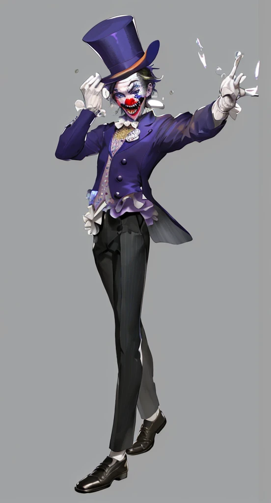 Official Art, masterpiece, Clear focus, Extremely detailed, (Side Light:1.2), clown，Suit，crazy，male，whole body，mystery，magician帽，Suit外套，Vest，leather shoes，wear gloves，magician，weird，
