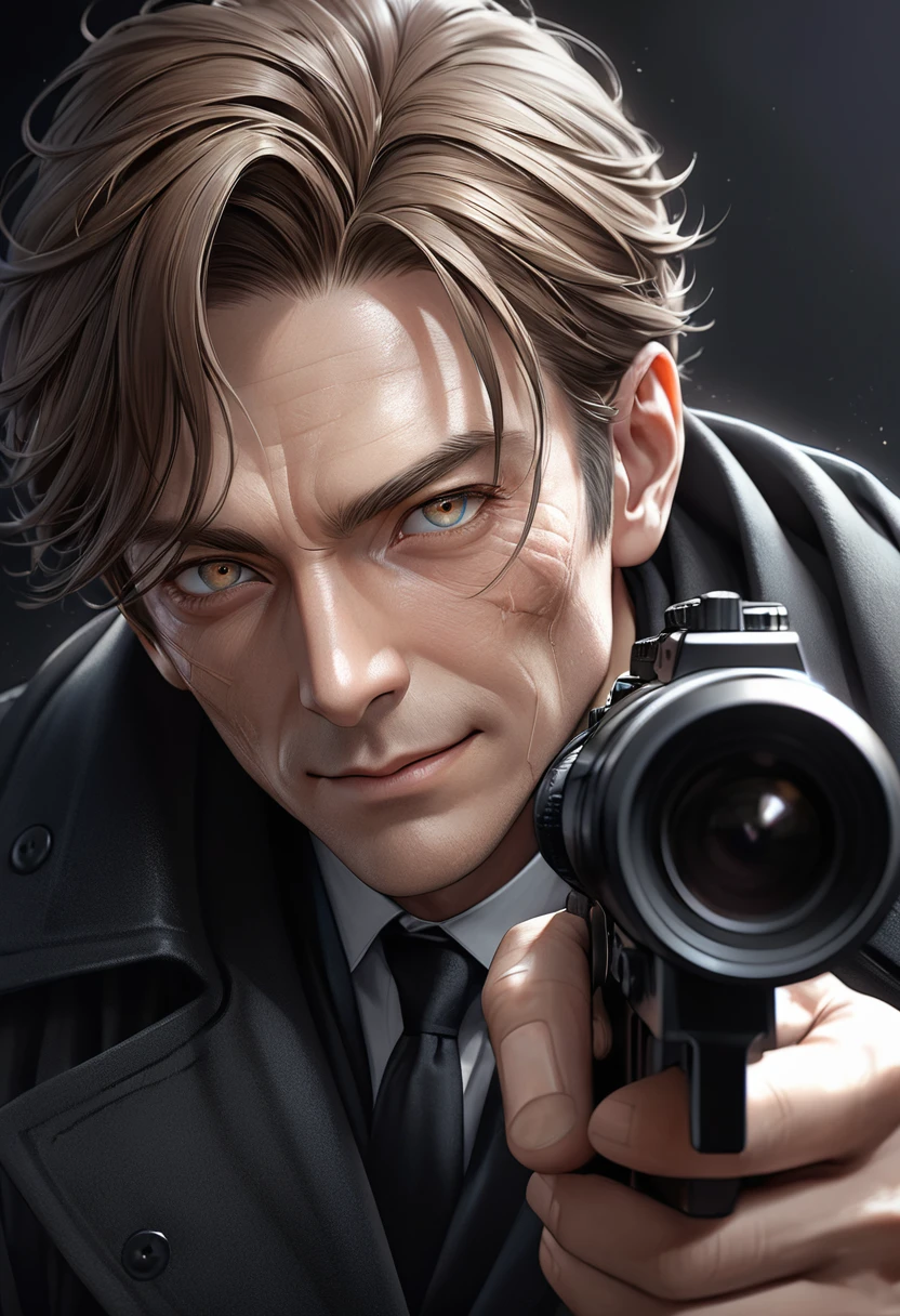Handsome boy dynamic sniper, A brown-haired man in a black trench coat points a gun at the sniper at his prey ( perfect anatomy )
Detailed face. realistic eyes. The face and eyes are very detailed. delicate skin.、delicate skin texture smile,
Black trench coat dark shadow background, Black Soft Light, Professional photography master'artwork, texture, complicated, Clear, High-quality masterpieces,
Extremely complicated and exquisitely detailed, Super detailed, Super detailed digital art