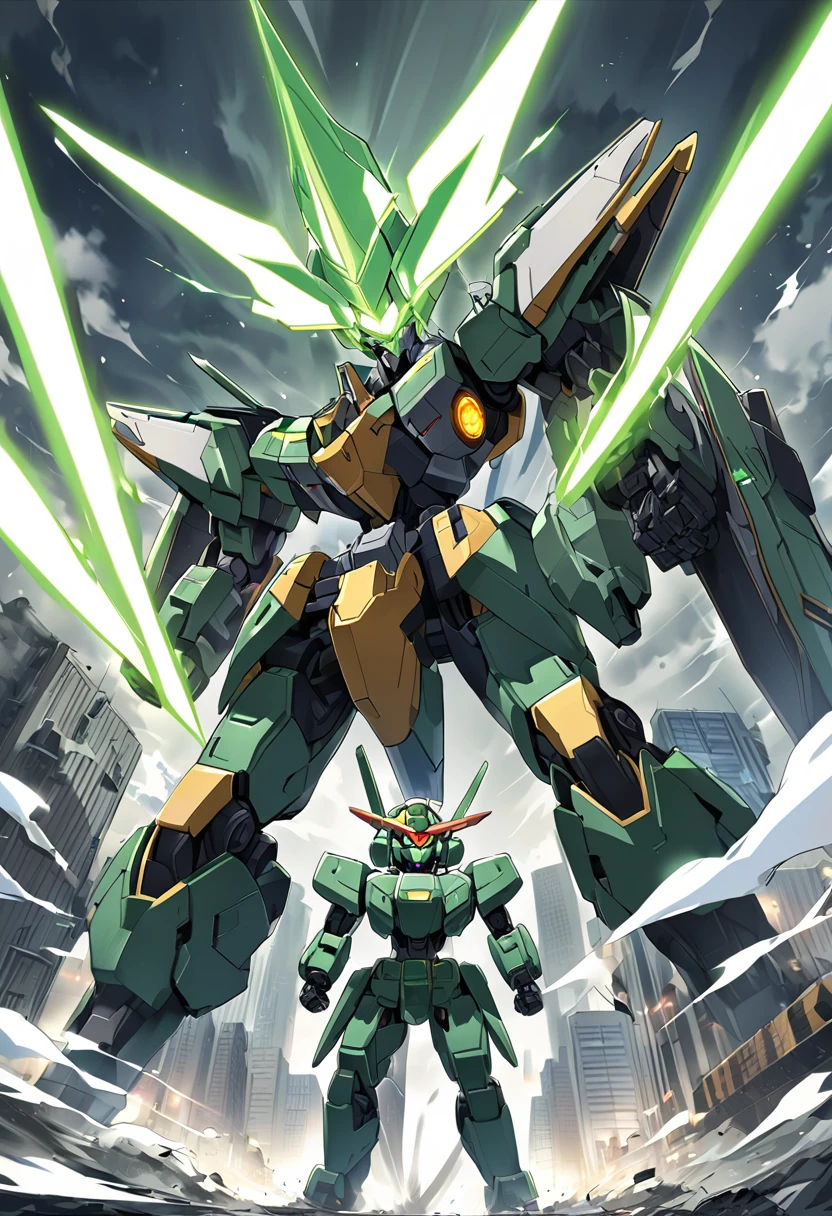 A Gundam-style robot with a green accent、He is fighting an enemy robot with a beam saber.、The green robot has a sharp angular design.、Features glowing eyes and mechanical details、In the background is a ruined cityscape.、The lights and smoke of battle rise、The sky is covered with grey clouds