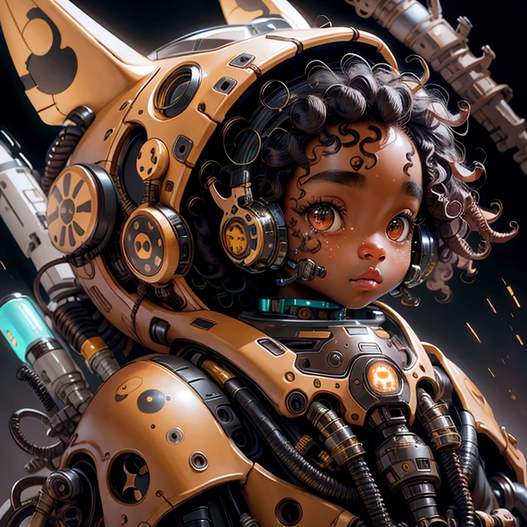 Cute brown skinned kid with freckles, wearing cute animal mecha, holding POD, black curly hair, detailed facial features, beautiful eyes, detailed face, delicate hands, photorealistic, hyperrealistic, hyper detailed