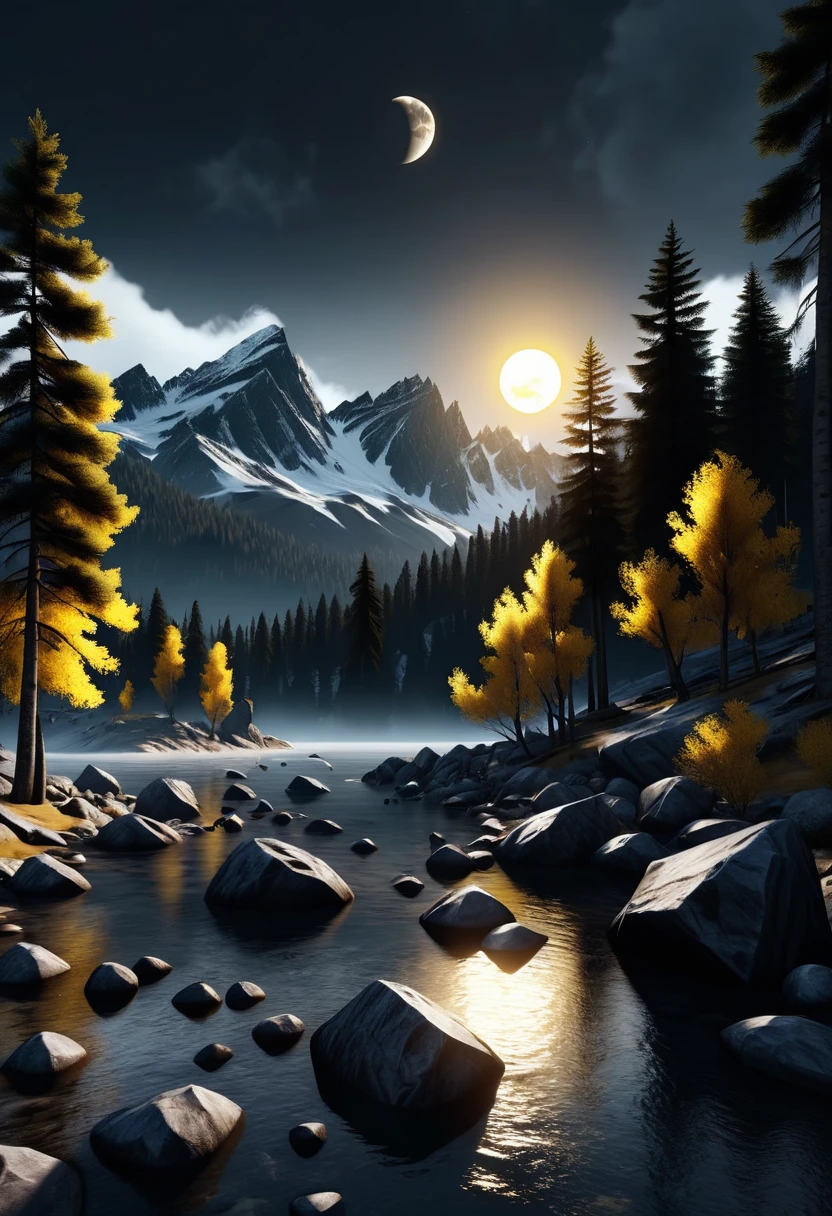 A beautiful dark moody environment with trees, floating rocks, mountains, black moon and yellow sun in the sky, 32k, ultra HD, unreal engine rendered, cinematic lighting 