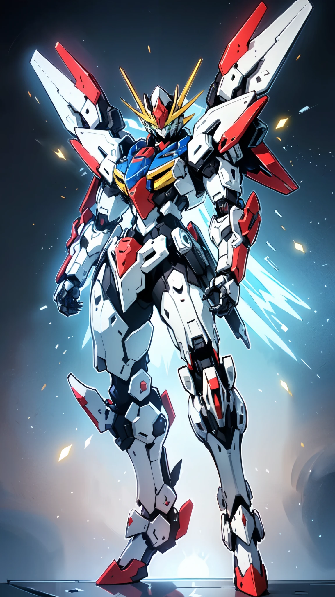 (masterpiece:1.5, best quality:1.5, extremely delicate:1.5), humanoid Mecha, fully enclosed shoulder guards, matching arm and leg guards, full body, full armor, the design balances heavy with agility, (the color scheme is primarily white with red and blue accents, the concept Inspired by Super robot, organic biotech armor, standing, floating high above the futuristic sci-fi city), exquisite and mature art style, (aura effect, energy, glowing eyes, the armor glows), ((SRS)), metallic, dramatic, high definition, highres, ultra-detailed, ultra-fine painting, professional, perfect body proportions, anatomically correct, symmetrical face, extremely detailed eyes and face, high quality eyes, creativity, RAW photo, UHD, 32k, Natural light, cinematic lighting, masterpiece-anatomy-perfect