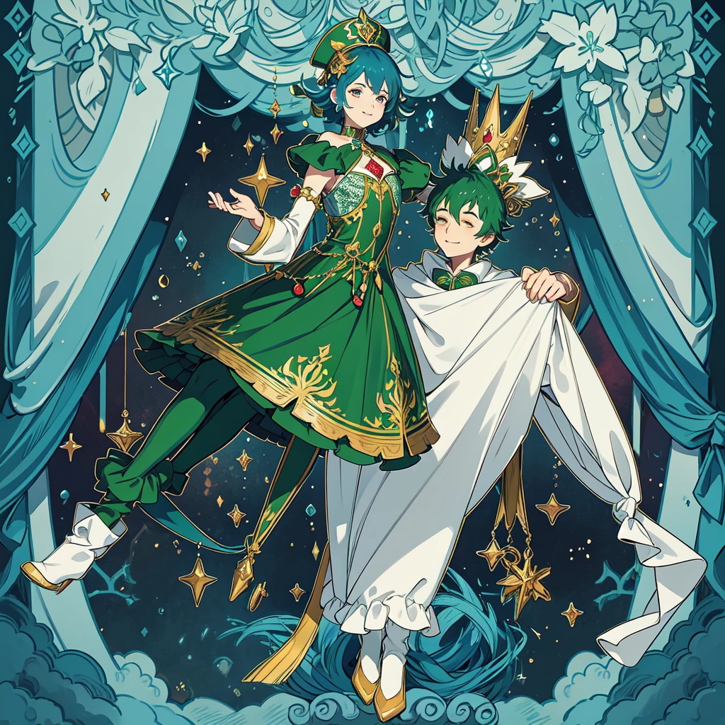 Amidst the enchanting night, a mysterious figure dons a vibrant green jester outfit. The hat perched atop his head boasts five striking points, adding to the allure of the clown-like entity. His face is intricately painted, boasting an exaggerated smile that exudes charm and mischief. Red boots completed the whimsical ensemble, as the clown stood quietly, ready to entertain. The serene night contrasted with the whimsical character, creating an intriguing scene.
