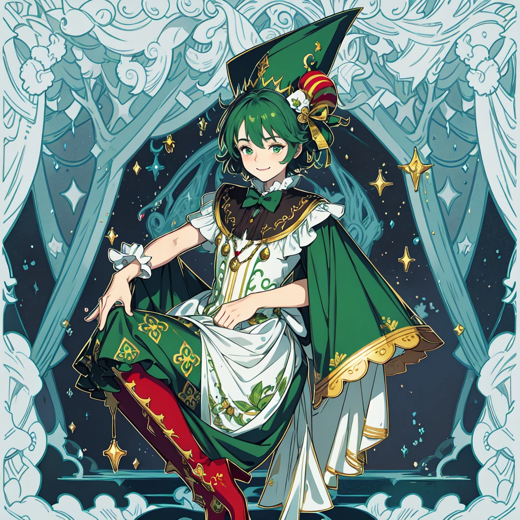 Amidst the enchanting night, a mysterious figure dons a vibrant green jester outfit. The hat perched atop his head boasts five striking points, adding to the allure of the clown-like entity. His face is intricately painted, boasting an exaggerated smile that exudes charm and mischief. Red boots completed the whimsical ensemble, as the clown stood quietly, ready to entertain. The serene night contrasted with the whimsical character, creating an intriguing scene.