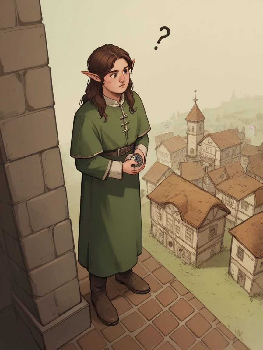 punctuation_9, punctuation_8_High above, punctuation_7_High above, punctuation_6_High above, punctuation_5_High above, punctuation_4_High above, wh33z13, (by taran violinist), half elf, standing alone, standing alone, Youngh, medieval city, female, eldest sister, long hair, hair brunette, human face, human nose, human eyes, pointy ears, don, comely, heavenly