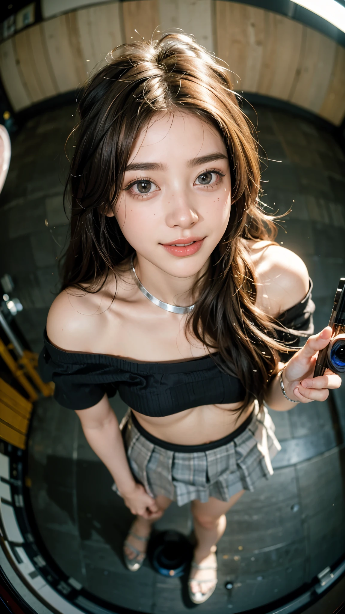 Highest quality, masterpiece, Ultra-high resolution,8k, (Realistic:1.6), (Close-up portrait:1.4) RAW Photos, ((Off-the-shoulder pleated mini skirt)),((Full body photo)),1 person,A slender adult 26-year-old woman,(Full of smiles, )), ,((Silver Long Hair Style)),((Looking up at the audience)),Face Focus:1.4,((Shooting from above with a fisheye lens:1.4)),