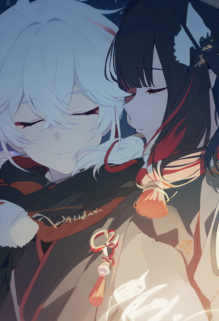 Man and woman couple, walking under the stars, at night, very close, 1 girl, Columbina, multicilor hair, two color hair, colored inner hair, decoration for your hair, black fur, with red outline, closed eyes, 1 chico, Kaedehara Kazuha, white hair with a red streak, hair ornament