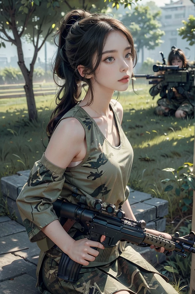 (((best quality))),(((ultra detailed))),(((masterpiece))),illustration,((1girl,sniper,solo)),summer,heat,short ponytail,green camouflage tank top,mini-skirt,shrubbery,sweat,forehead,intent,focused,determined,expression,sun,shadows,discipline,precision,leaves rustling,breeze,bird chirps,insect buzzes,isolation,task,attire,functional,eye-catching,camouflage pattern,blend,foliage,makeup,anonymity,scenery,ghost,calm,collect,(Holding a huge machine gun:1.3),rifle steadied,bipod,presence,formidable force,hunter,wild,silent guardian,shadows,vigilant,watchful,essence, Hunter hidden in plain sight