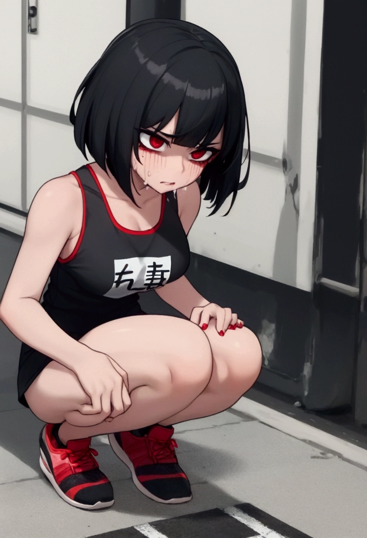 Girl, black hair, bob, red eyes, marathon runner, rolling her eyes, squatting down, looking in pain, sweating, black tank top with red lines, black shorts with red lines, marathon shoes , white race bib