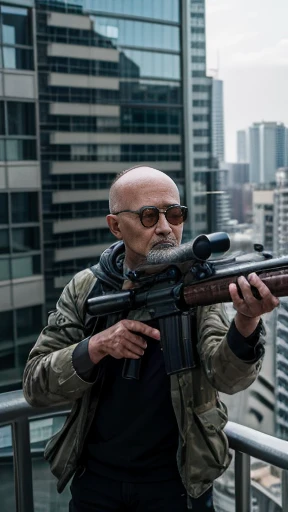 highres, 8k, ultra-detailed, realistic, photorealistic, cinematic, dramatic, masterpiece, 63 years old japanese man, bald, sniper, sniper rifle:1.4, on top of building, aiming rifle, taking shot:1.5, wearing sunglasses, long coat, precise, intense, action, focused, determined expression