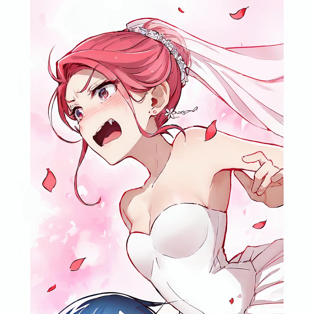 anime picture of a bride running away from the camera, marin kitagawa fanart, 8k!!, haruno sakura, marvelous expression, 8k!, sakura haruno, !8k!, yayoi kasuma, yandere, in anime style, she has red hair, monika, official art, wedding, screaming in agony, bride, in an anime style, Perfect lines, sexy girl, surprise girl, rosy cheeks, sassy girl, serious face, boy with a mean face, sensual girl, big boobies, detailedeyes, 8K eyes