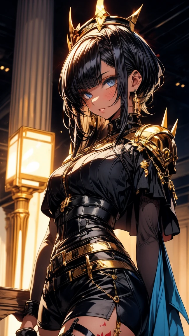 Generate an image of a woman with short black hair with blue highlights, sky-blue eyes with black makeup, and lips painted in soft red. She is wearing a black half-armor on the upper part and a black dress with a side slit at the lower part of her body. Her skin is fair with tattoos on her hip. She wears black heels with scales and a crown of black and shorts spikes with golden details. Additionally, she wears a blue cape with black and golden embroidery. She is located in a gallery with tall black columns and a dark background, brightly illuminated, with a somewhat angry expression,