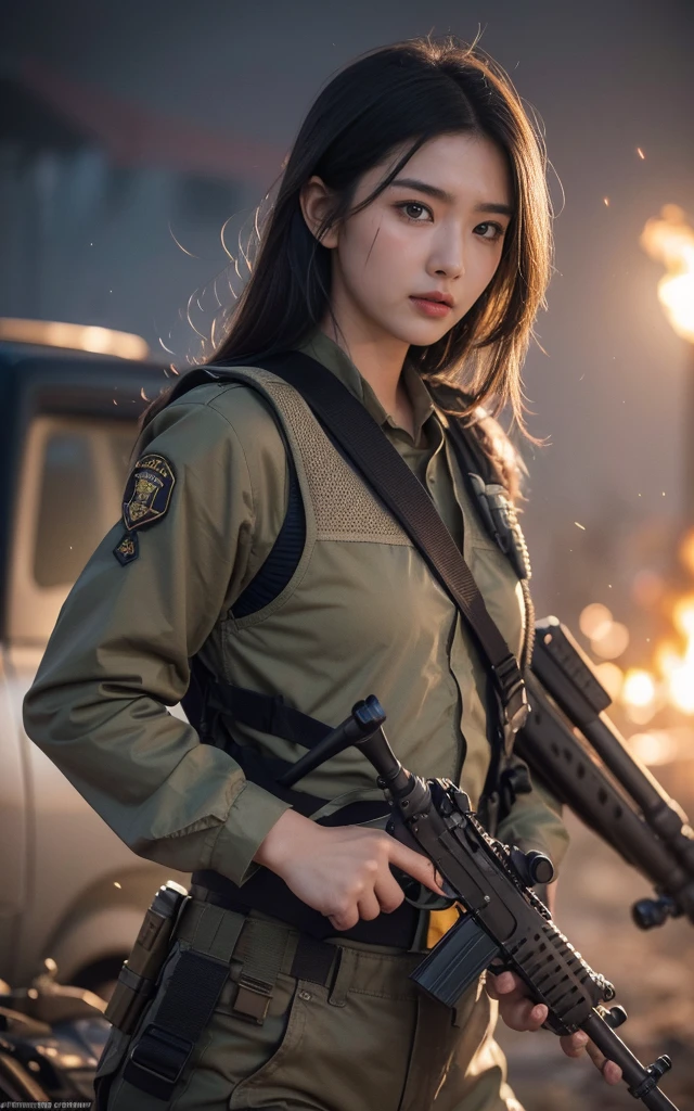 (8K, RAW photos, best quality, masterpiece:1.2),(Practical, Practicalな写真:1.4),(非常に詳細な CG Unity 8K 壁紙),(Round Face: 1.5), (Fine pupils:1.3),(Cold eyes:1.1),(Smile:1.1),(Unforgettable eyes:1.1),(You have beautiful eyes:1.1),
24 years old, Japanese women, Dirty face, covered in wounds、Bronze skin, You are wearing clothes.s. Marines,Bulletproof vest、Backpack、heavy machine、 Battles on the battlefield, Strong muscles, World War, Modern warfare theme,Girl, Assault rifle with precise details, (Grip the rifle: 1.3), (Aim and hold the rifle.: 1.3), Shootout, , car on fire, War Zone,, explode, Burning City, cigarette, Broken Tower, belly button, Gloves, Torn pants, Face covered in dirt and blood, Sweating of the skin, Bloody Skin, muddy skin, Declaration of determination, Precise expression, best quality, Ultra-high resolution, Practicalな, 、Physically Based Rendering(Physically Based Rendering(Physically Based Rendering)), Cinema Lighting, complicated, Feeling,Soft Light, Pleasant tone, Battlefield Background, city war background, Practical, Cowboy shooting, Dynamic Angle,, Mahindra Thar, electric wire, 8K!!, 偉大なmasterpiece,, Production: Tom Karafik,Close-up