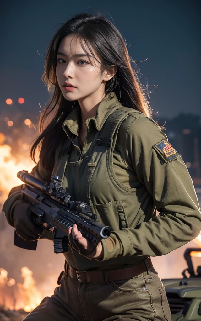 (8K, RAW photos, best quality, masterpiece:1.2),(Practical, Practicalな写真:1.4),(非常に詳細な CG Unity 8K 壁紙),(Round Face: 1.5), (Fine pupils:1.3),(Cold eyes:1.1),(Smile:1.1),(Unforgettable eyes:1.1),(You have beautiful eyes:1.1),
24 years old, Japanese women, Dirty face, covered in wounds、Bronze skin, You are wearing clothes.s. Marines,Bulletproof vest、Backpack、heavy machine、 Battles on the battlefield, Strong muscles, World War, Modern warfare theme,Girl, Assault rifle with precise details, (Grip the rifle: 1.3), (Aim and hold the rifle.: 1.3), Shootout, , car on fire, War Zone,, explode, Burning City, cigarette, Broken Tower, belly button, Gloves, Torn pants, Face covered in dirt and blood, Sweating of the skin, Bloody Skin, muddy skin, Declaration of determination, Precise expression, best quality, Ultra-high resolution, Practicalな, 、Physically Based Rendering(Physically Based Rendering(Physically Based Rendering)), Cinema Lighting, complicated, Feeling,Soft Light, Pleasant tone, Battlefield Background, city war background, Practical, Cowboy shooting, Dynamic Angle,, Mahindra Thar, electric wire, 8K!!, 偉大なmasterpiece,, Production: Tom Karafik,Close-up