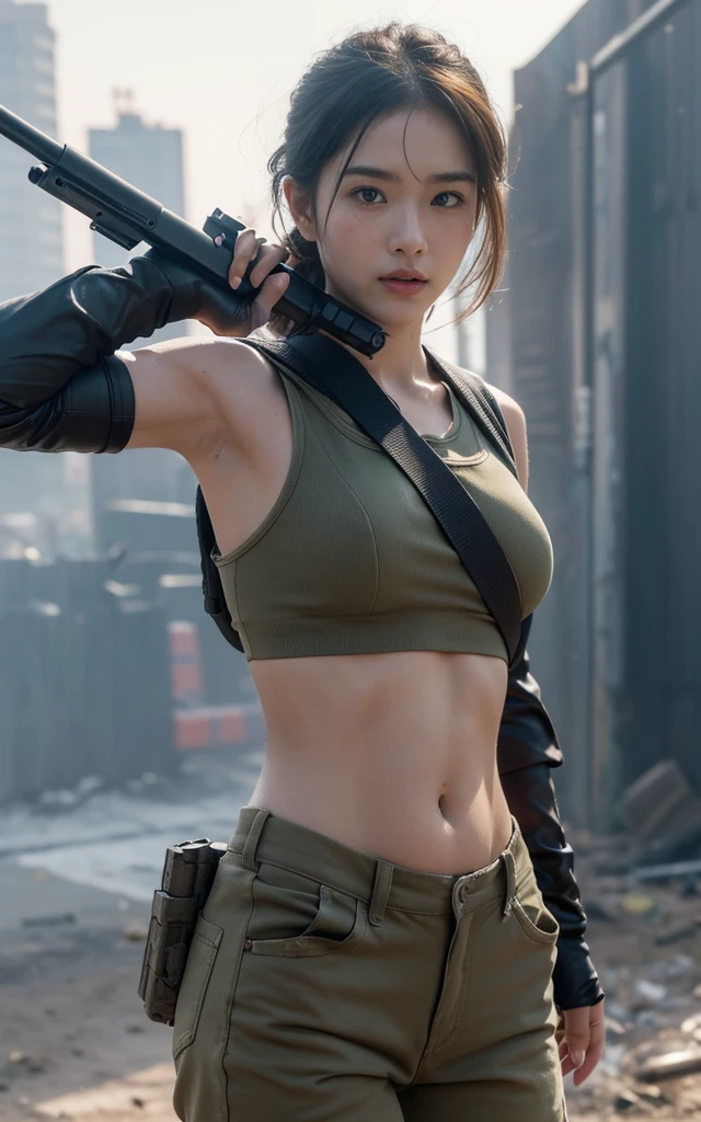 (8K, RAW photos, best quality, masterpiece:1.2),(Practical, Practicalな写真:1.4),(非常に詳細な CG Unity 8K 壁紙),(Round Face: 1.5), (Fine pupils:1.3),(Cold eyes:1.1),(Smile:1.1),(Unforgettable eyes:1.1),(You have beautiful eyes:1.1),
24 years old, Japanese women, Dirty face, covered in wounds、Bronze skin, You are wearing clothes.s. Marines,Bulletproof vest、Backpack、heavy machine、 Battles on the battlefield, Strong muscles, World War, Modern warfare theme,Girl, Assault rifle with precise details, (Grip the rifle: 1.3), (Aim and hold the rifle.: 1.3), Shootout, , car on fire, War Zone,, explode, Burning City, cigarette, Broken Tower, belly button, Gloves, Torn pants, Face covered in dirt and blood, Sweating of the skin, Bloody Skin, muddy skin, Declaration of determination, Precise expression, best quality, Ultra-high resolution, Practicalな, 、Physically Based Rendering(Physically Based Rendering(Physically Based Rendering)), Cinema Lighting, complicated, Feeling,Soft Light, Pleasant tone, Battlefield Background, city war background, Practical, Cowboy shooting, Dynamic Angle,, Mahindra Thar, electric wire, 8K!!, 偉大なmasterpiece,, Production: Tom Karafik,Close-up