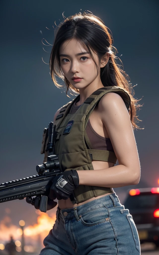 (8K, RAW photos, best quality, masterpiece:1.2),(Practical, Practicalな写真:1.4),(非常に詳細な CG Unity 8K 壁紙),(Round Face: 1.5), (Fine pupils:1.3),(Cold eyes:1.1),(Smile:1.1),(Unforgettable eyes:1.1),(You have beautiful eyes:1.1),
24 years old, Japanese women, Dirty face, covered in wounds、Bronze skin, You are wearing clothes.s. Marines,Bulletproof vest、Backpack、heavy machine、 Battles on the battlefield, Strong muscles, World War, Modern warfare theme,Girl, Assault rifle with precise details, (Grip the rifle: 1.3), (Aim and hold the rifle.: 1.3), Shootout, , car on fire, War Zone,, explode, Burning City, cigarette, Broken Tower, belly button, Gloves, Torn pants, Face covered in dirt and blood, Sweating of the skin, Bloody Skin, muddy skin, Declaration of determination, Precise expression, best quality, Ultra-high resolution, Practicalな, 、Physically Based Rendering(Physically Based Rendering(Physically Based Rendering)), Cinema Lighting, complicated, Feeling,Soft Light, Pleasant tone, Battlefield Background, city war background, Practical, Cowboy shooting, Dynamic Angle,, Mahindra Thar, electric wire, 8K!!, 偉大なmasterpiece,, Production: Tom Karafik,Close-up