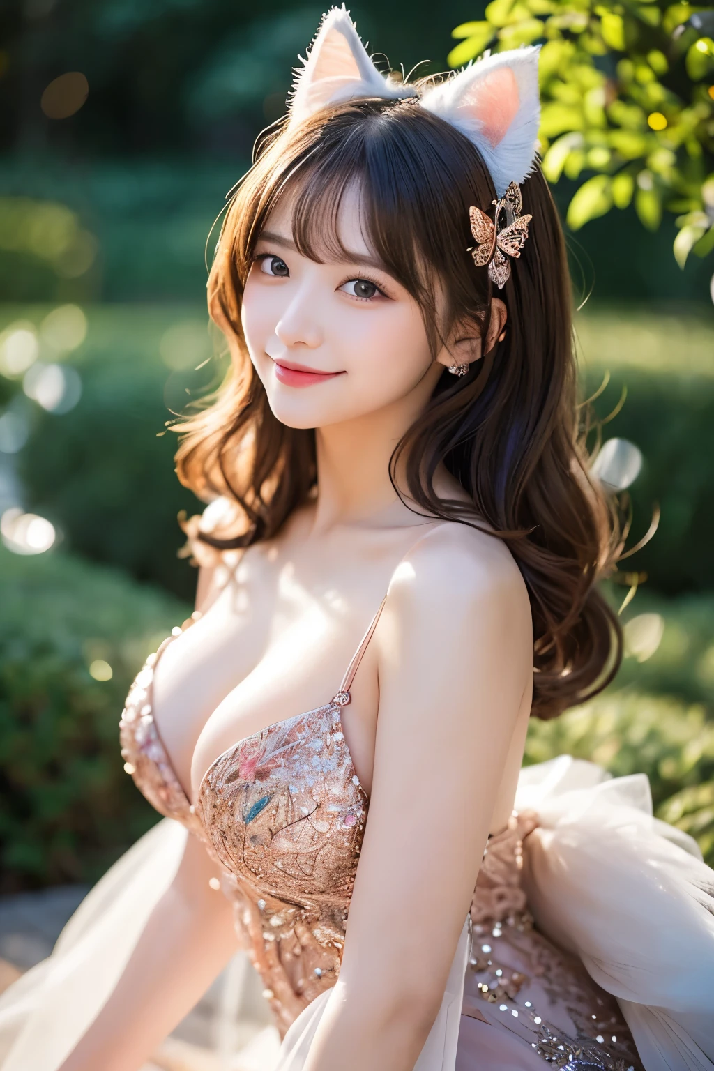 Young woman with long, wavy, pastel colored hair、Sitting gracefully in an elaborate fantasy-themed gown。Gowns、There is a mix of red colors、Adorned with glittering embellishments and a large bow on the bust。She has big fluffy cat ears on her head、Matching soft and fluffy tail。Her eyes are large and expressive、A calm and attractive look。The scene is softly lit with a magical, dreamy atmosphere.、It highlights her smooth skin and the intricate details of her outfit。She accessorized with delicate jewelry, including a butterfly hair clip.、It adds to the whimsical nature of her look.。The background is soft and blurry、Enhances the ethereal feel of the image。
Large Breasts、Random sexy poses、Large Breasts、smile