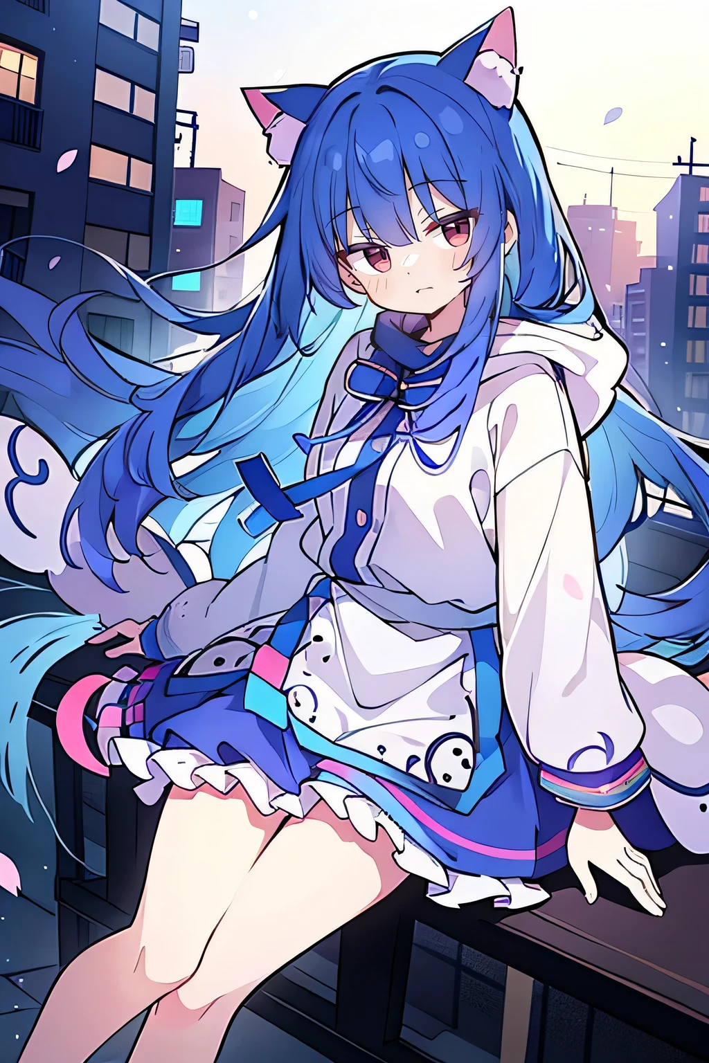 (masterpiece:1.2),Super detailed,lifelike,Expressive eyes,fair skin,perfect face shape,1 girl,
Japanese comics,Gorgeous blue hair,flowing blue hair,flowing clothes,Cat ears,Petals fall,beautiful lola,Baby Angel,
Shaking head with one hand,Cross your legs,smile, wearing hoodie,snowing,City streets。