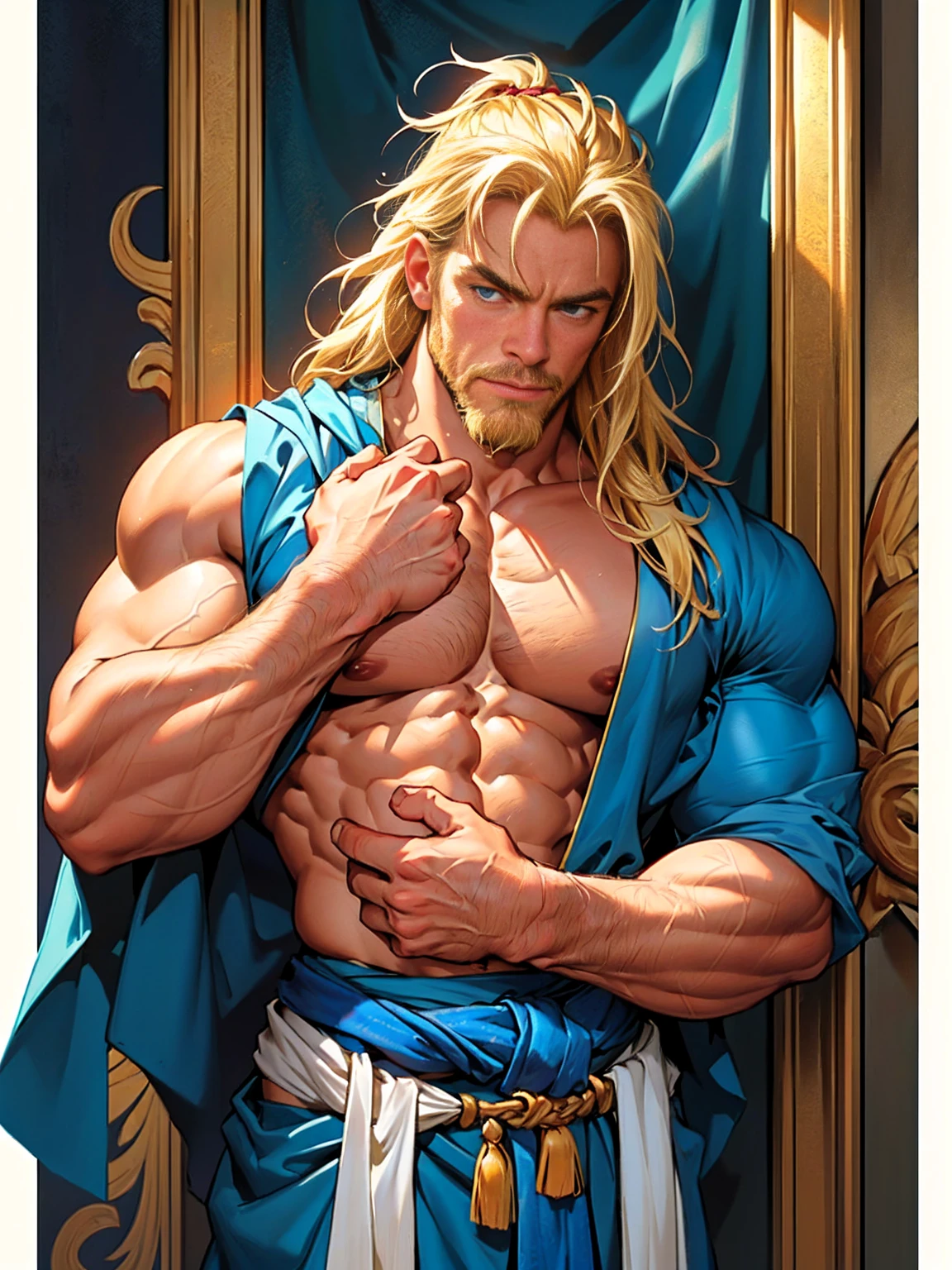 Highest quality, masterpiece, Ultra-high resolution,Detailed Background,alone,Jean-Claude Van Damme,Blonde,Blue Eyes,Long Hair,(loincloth), beard, an old man,temple