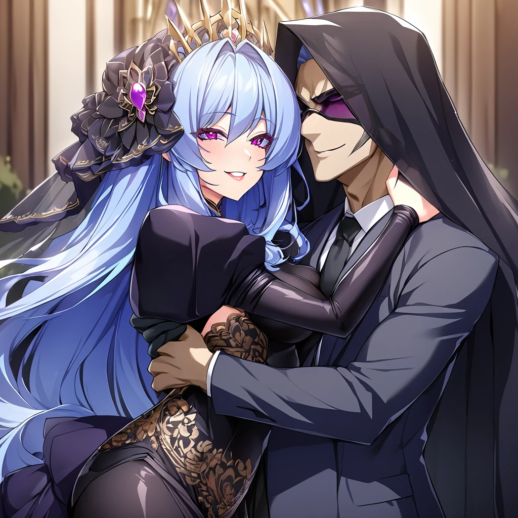 ((Highest quality)), ((masterpiece)), (detailed), (Perfect Face)、The woman is the evil queen, Extia, with medium-long blue hair, wearing a gorgeous black wedding dress with gold embroidery and trim, a black wedding veil, an engagement ring, luxurious accessories, lipstick and makeup, and is an elegant and beautiful evil queen who is hugging and kissing a man with a big, happy smile on her face.、、The man is the evil king, Naioro, a strong, handsome man with medium-long silver hair, wearing a luxurious black bodysuit with gold embroidery and trim, and embracing a woman.、The woman is happily getting married in a posh church belonging to an evil organization.