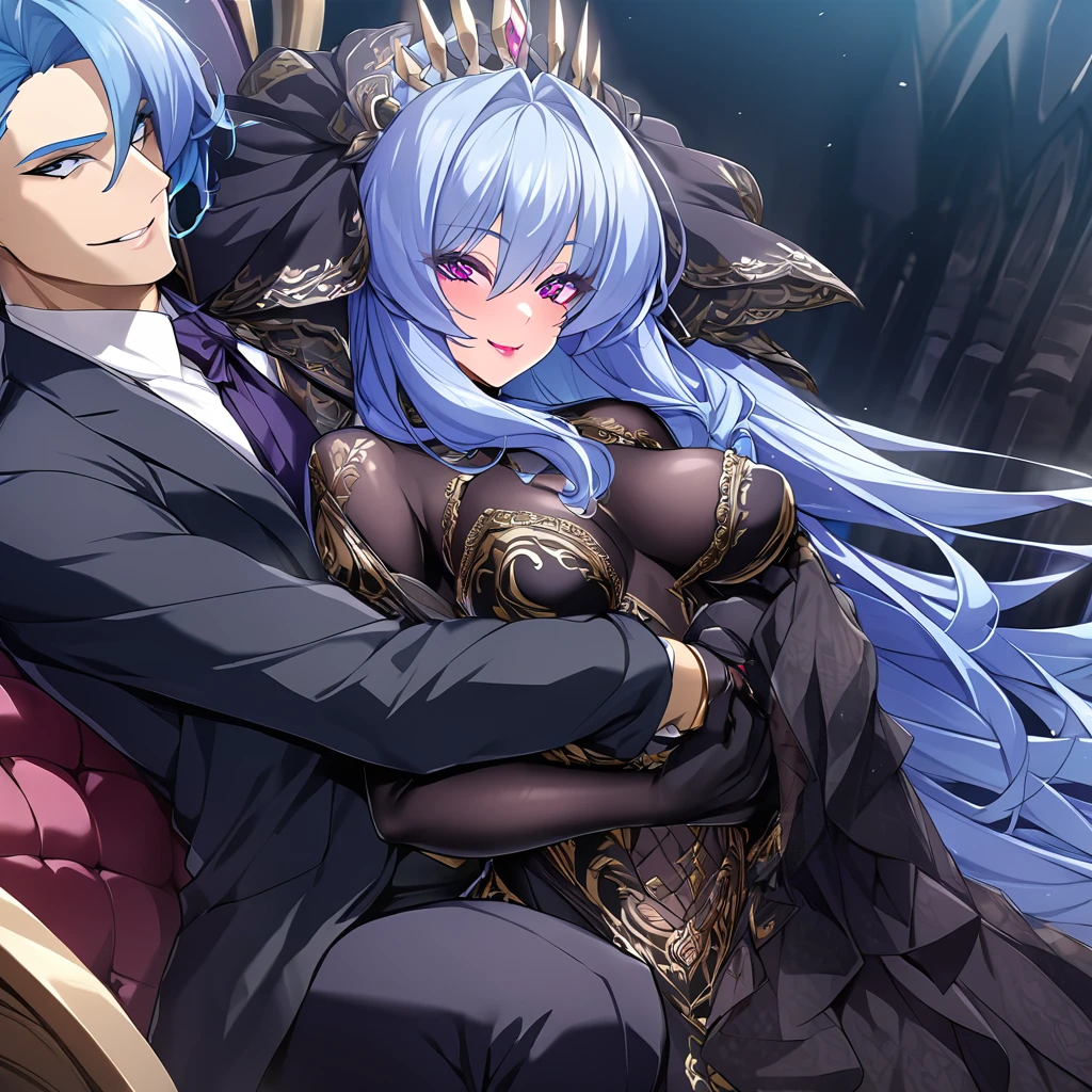 ((Highest quality)), ((masterpiece)), (detailed), （Perfect Face）、The woman is the evil queen, Extia, with medium-long blue hair, wearing a gorgeous black wedding dress with gold embroidery and trim, a black wedding veil, an engagement ring, luxurious accessories, lipstick and makeup, and is an elegant and beautiful evil queen who is hugging and kissing a man with a big, happy smile on her face.、、The man is the evil king, Naioro, a strong, handsome man with medium-long silver hair, wearing a luxurious black bodysuit with gold embroidery and trim, and embracing a woman.、The woman is happily getting married in a posh church belonging to an evil organization.