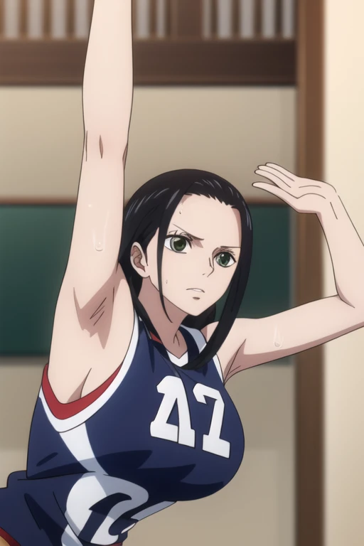 Nico Robin, Slicked back hair, Large Breasts, mature　Volleyball Uniforms　Red shiny sneakers　Show your side　Sweaty armpits　Bare shoulders　Stretching