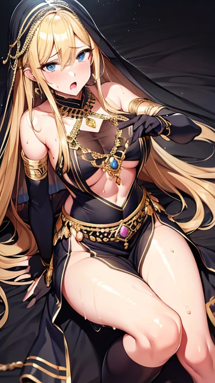 Highest quality, Soft Light, Ultra-high resolution,People Girls, alone, sexy, (Ecstatic face), (Blue eyes), Beautiful face in every detail,(High resolution detail of human skin texture), (Black long hair), break,(Fellatio gestures:1.2), (Open your mouth:1.2),tongue,(Sweat:1.5),Sigh,Saliva dripping from the mouth,Spread your legs,My leg is being grabbed,Jewelry decoration,Belly Dance Costumes,Black Mask,Long gloves,Knee-high socks,Face Veil