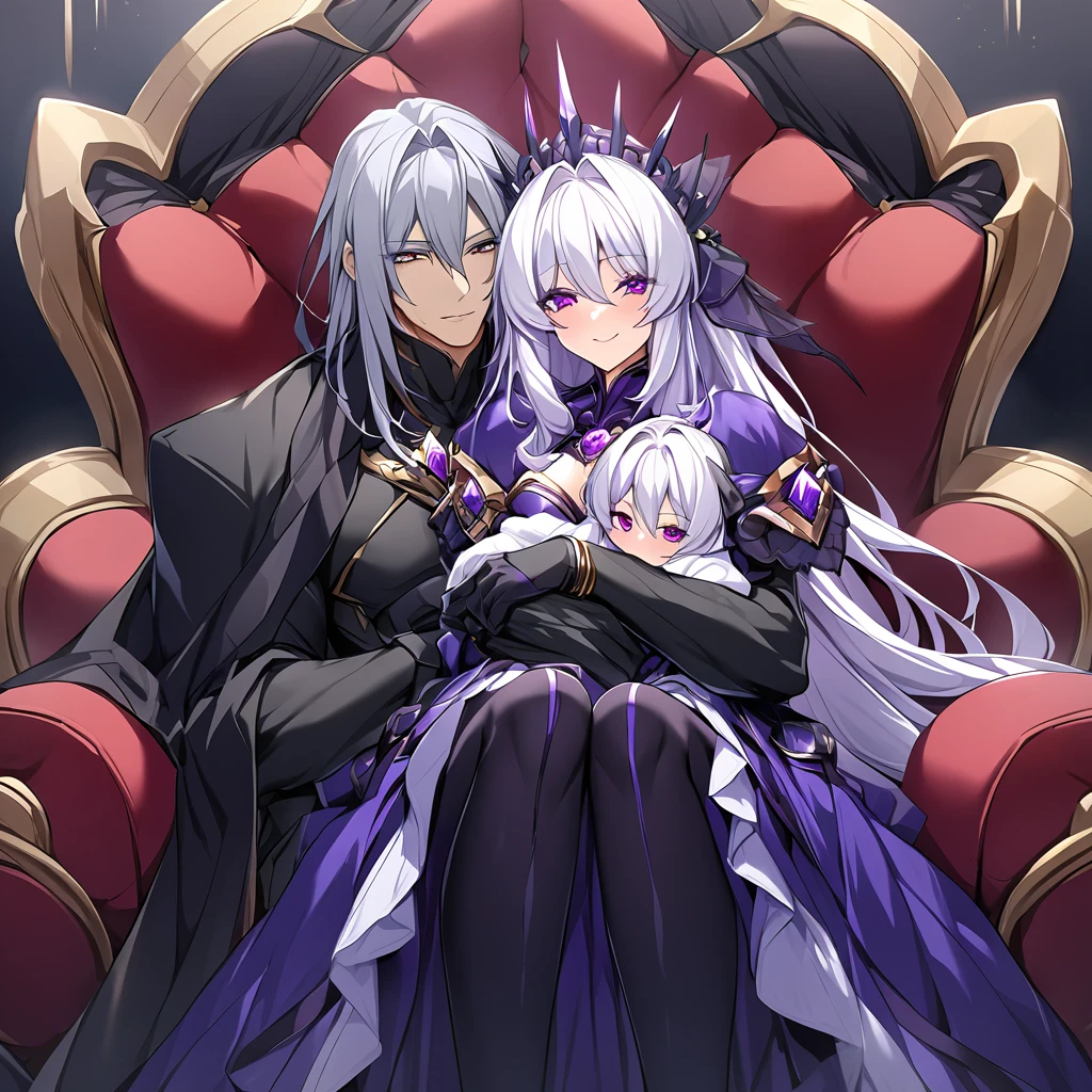 ((Highest quality)), ((masterpiece)), (detailed), （Perfect Face）、The woman is the evil queen Dark Extia, holding a baby, an evil transforming heroine, with medium-long silver hair, wearing a gorgeous evil queen dress with gold embroidery and trim, gorgeous accessories, an engagement ring, and a happy expression as she snuggles up to the man.、The man is the evil king, Naioro, a handsome man with medium-long silver hair, wearing a black bodysuit and embracing a woman.、A man and a woman are sitting close together on a luxurious throne、A man and a woman are a deeply loving couple