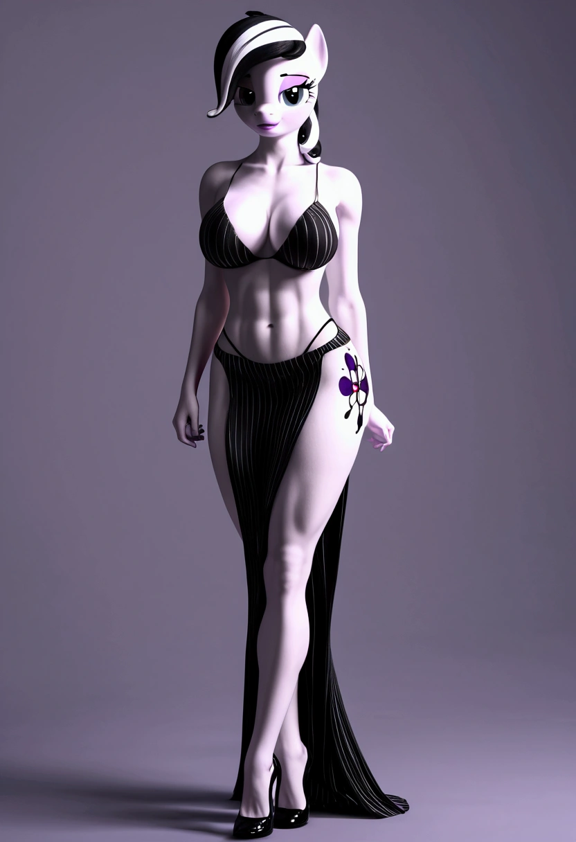 vibrant colors, 8K, high resolution, highly detailed, masterpiece, ((my little pony)), (black striped white hair), (pale white body), (gray eyes), standing, big breasts, beautiful body, purple lips, thong, slave, short patterned skirt, light top, ((slut pose))