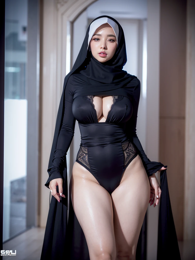 4K, high quality, nice lighting, soft lighting, realistic, dark eyes, sexy, big breasts, thighs, wide hips, malaysian dress, long sleeve, Jewelry, wearing rings for woman, sexy lady, asian, long Scarf hijab, girl in niqab, sexy pose, showing big thighs, nice body, natural largest breast covered with hijab, in office, wearing niqab, sexy posing, realistic veil hijab, show full body