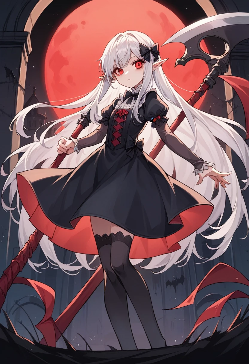1 teenager girl, vampire, elf, young, black gothic dress, red right stocking, black left stocking, red eyes, white hair with bow, scythe, against the backdrop of the red moon, abandoned gothic church, night, looking at viewer, majestic pose, 8k, masterpiece, high res, ultrasharp