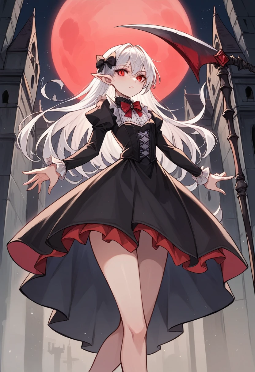 1 teenager girl, vampire, elf, young, black gothic dress, red right stocking, black left stocking, red eyes, white hair with bow, scythe, against the backdrop of the red moon, abandoned gothic church, night, looking at viewer, majestic pose, 8k, masterpiece, high res, ultrasharp