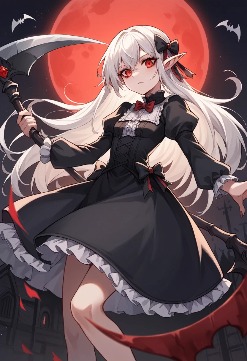 1 ager girl, vampire, elf, young, black gothic dress, red right stocking, black left stocking, red eyes, white hair with bow, scythe, against the backdrop of the red moon, abandoned gothic church, night, looking at viewer, majestic pose, 8k, masterpiece, high res, ultrasharp