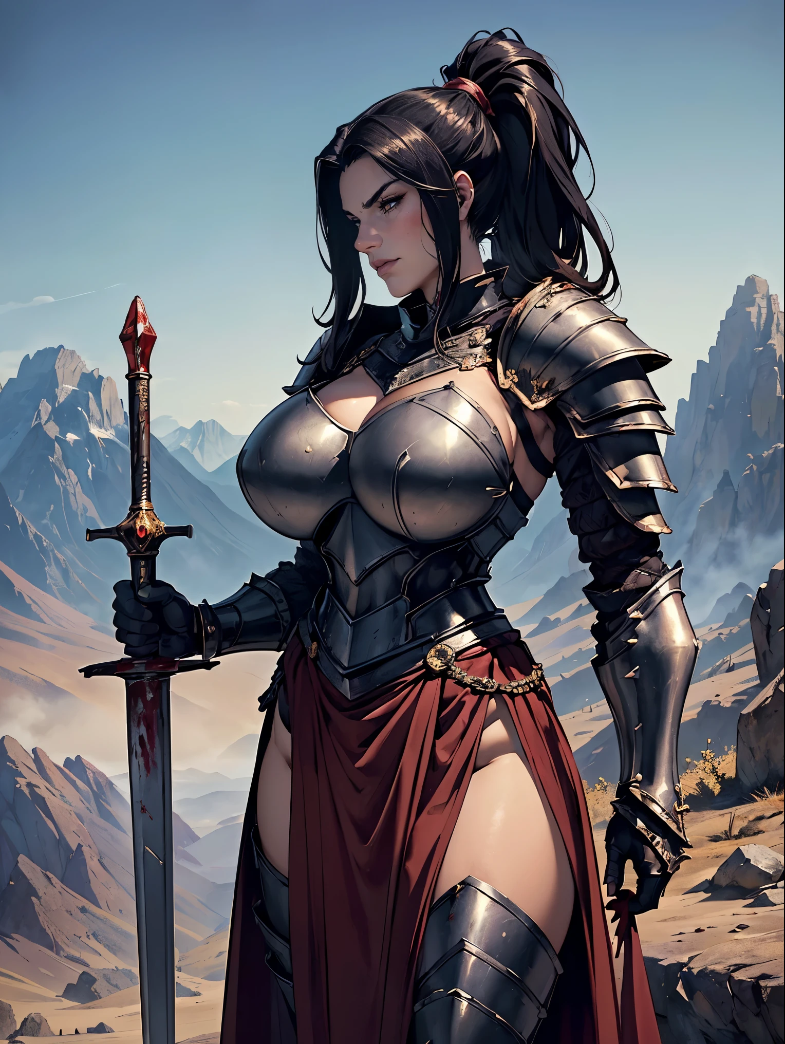 (masterpiece, top quality, best quality, official art, beautiful and aesthetic:1.2), (1girl:1.3), ((Sharp facial features, sharp features, hawkish features)), ((big hair, long black hair, ponytail)), big tiddy chaos warrior girl, extremely detailed, portrait, looking at viewer, solo, (full body:0.6), detailed background, full-body shot, (hot desert mountain theme:1.1), chaos warrior, (spiky helmet), charlatan, smirk, mysterious, swaying in mountains, armor, red metal, brass trim, long boots, dual axes, blood red fabric, pelvic curtain, loincloth, black leather, ((((armor, heavy armor, blood, armored, gigantic breasts, long legs, pelvic curtain, toned, muscular)))), cute belly button, toned tummy, slim waist, slim hips, long legs, medieval (mountain exterior:1.1) background, dark mysterious lighting, shadows, magical atmosphere, dutch angle
