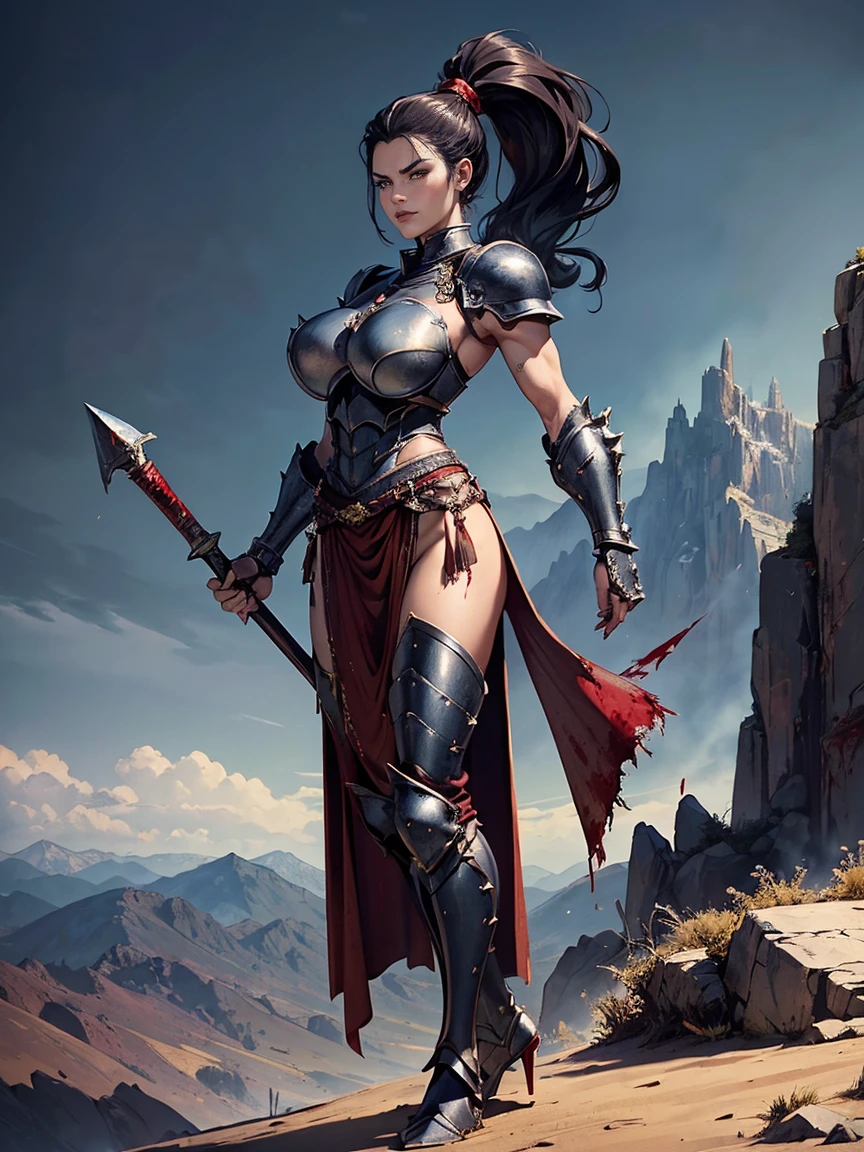(masterpiece, top quality, best quality, official art, beautiful and aesthetic:1.2), (1girl:1.3), ((Sharp facial features, sharp features, hawkish features)), ((big hair, long black hair, ponytail)), big tiddy chaos warrior girl, extremely detailed, portrait, looking at viewer, solo, (full body:0.6), detailed background, full-body shot, (hot desert mountain theme:1.1), chaos warrior, (spiky helmet), charlatan, smirk, mysterious, swaying in mountains, armor, red metal, brass trim, long boots, dual axes, blood red fabric, pelvic curtain, loincloth, black leather, ((((armor, heavy armor, blood, armored, gigantic breasts, long legs, pelvic curtain, toned, muscular)))), cute belly button, toned tummy, slim waist, slim hips, long legs, medieval (mountain exterior:1.1) background, dark mysterious lighting, shadows, magical atmosphere, dutch angle