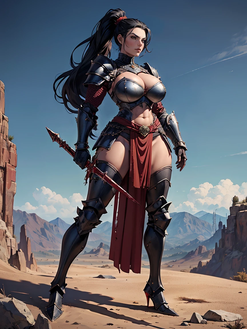 (masterpiece, top quality, best quality, official art, beautiful and aesthetic:1.2), (1girl:1.3), ((Sharp facial features, sharp features, hawkish features)), ((big hair, long black hair, ponytail)), big tiddy chaos warrior girl, extremely detailed, portrait, looking at viewer, solo, (full body:0.6), detailed background, full-body shot, (hot desert mountain theme:1.1), chaos warrior, (spiky helmet), charlatan, smirk, mysterious, swaying in mountains, armor, red metal, brass trim, long boots, dual axes, blood red fabric, pelvic curtain, loincloth, black leather, ((((armor, heavy armor, blood, armored, gigantic breasts, long legs, pelvic curtain, toned, muscular)))), cute belly button, toned tummy, slim waist, slim hips, long legs, medieval (mountain exterior:1.1) background, dark mysterious lighting, shadows, magical atmosphere, dutch angle