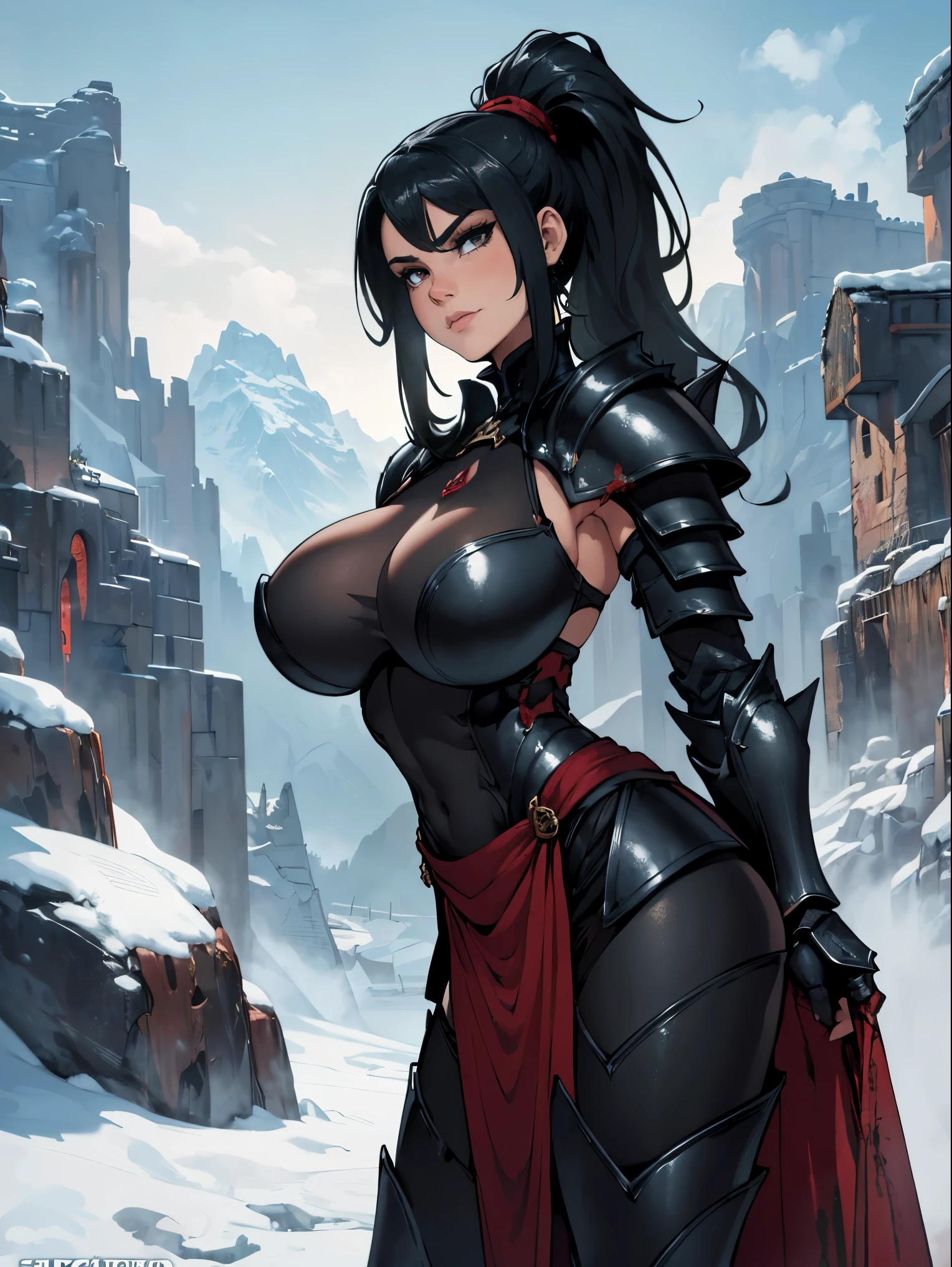 (masterpiece, top quality, best quality, official art, beautiful and aesthetic:1.2), (1girl:1.3), ((Sharp facial features, sharp features, hawkish features)), ((big hair, long black hair, ponytail)), big tiddy chaos warrior girl, extremely detailed, portrait, looking at viewer, solo, (full body:0.6), detailed background, full-body shot, (hot desert mountain theme:1.1), chaos warrior, (spiky helmet), charlatan, smirk, mysterious, swaying in mountains, armor, red metal, brass trim, long boots, dual axes, blood red fabric, pelvic curtain, loincloth, black leather, ((((armor, heavy armor, blood, armored, gigantic breasts, long legs, pelvic curtain, toned, muscular)))), cute belly button, toned tummy, slim waist, slim hips, long legs, medieval (mountain exterior:1.1) background, dark mysterious lighting, shadows, magical atmosphere, dutch angle