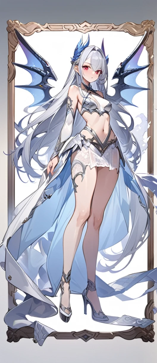 Silver Dragon Princess Character Design, woman, Silver long hair, Wearing a white lace sexy skirt, Red Eyes, Small Frame, Very thin, detailed, best quality，