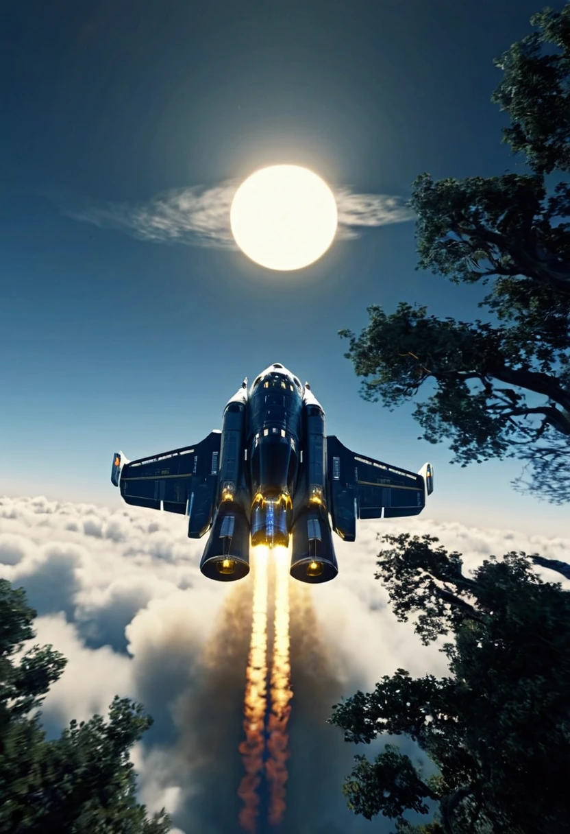 Backside view shot of a spaceship flying through the clouds, above the trees, dark moon and yellow sun in the skies, blue flame in the back engine helping with it's movement, scifi scene, 32k, ultra HD, unreal engine rendered, cinematic lighting, ridley scott movie, Denise villeneuve scifi movie 